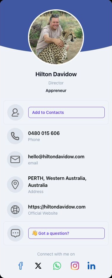 Hilton Davidow’s digital business card: his photo, Director at Appreneur, phone 0480 015 606, hello@hiltondavidow.com, Perth, Western Australia, hiltondavidow.com, Add to Contacts and Got a question options, and social icons.